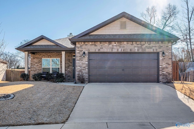 ranch-style house with a garage, fence, concrete driveway, and brick siding