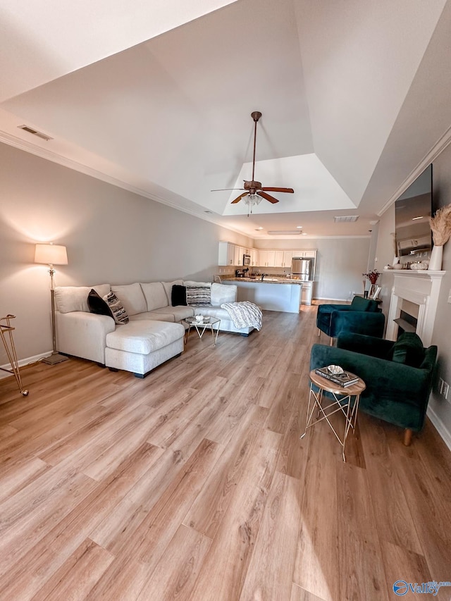 bedroom with lofted ceiling, a raised ceiling, and light wood-type flooring