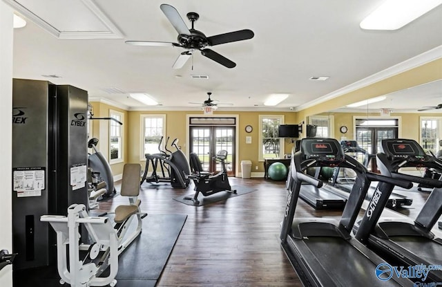 gym with dark hardwood / wood-style flooring, ornamental molding, and french doors