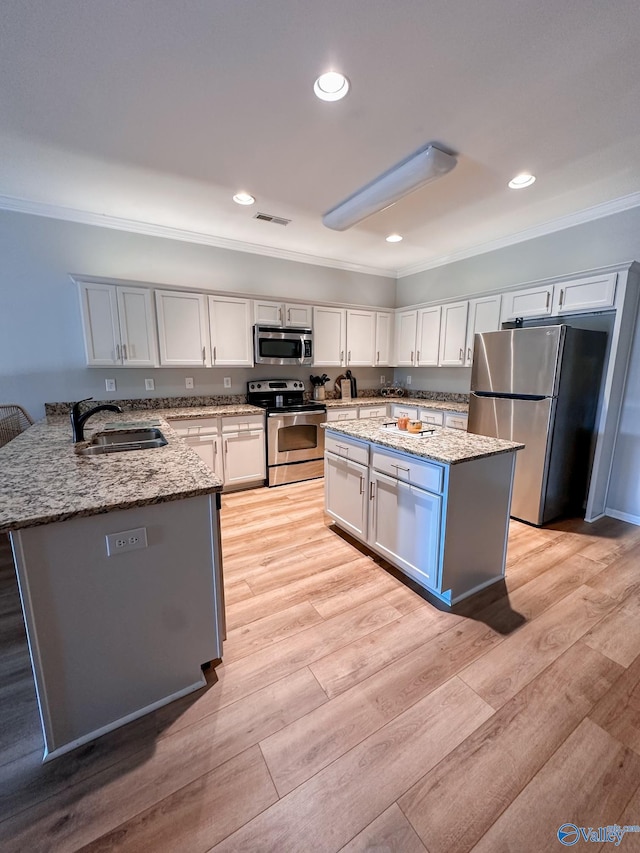 kitchen featuring stainless steel appliances, light stone countertops, sink, and white cabinets