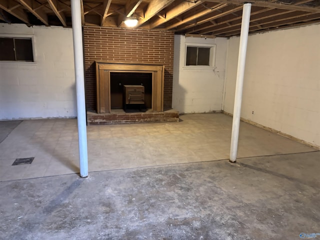 basement featuring a wood stove