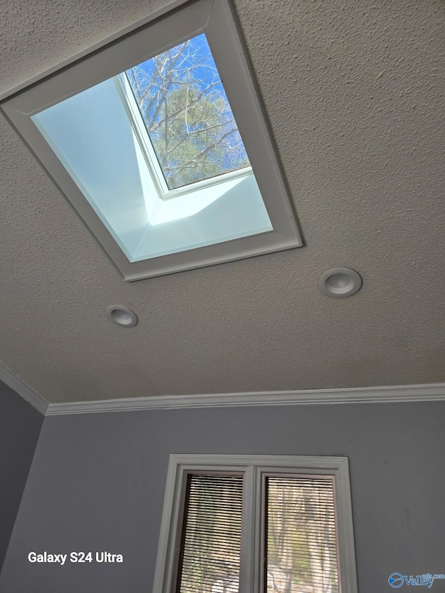 details with a textured ceiling, a skylight, and ornamental molding