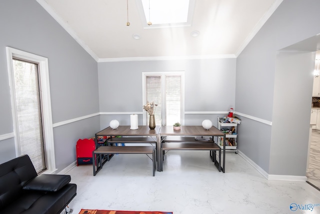 office space featuring marble finish floor, crown molding, and baseboards