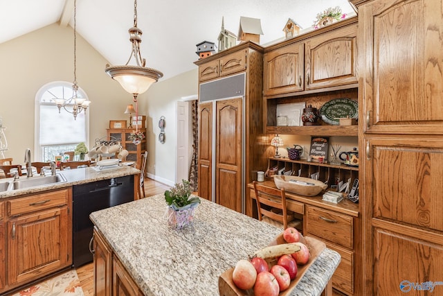 227 Key Turney Rd, Falkville, AL 35622 - kitchen featuring sink, dishwasher, paneled built in refrigerator, hanging light fixtures, and vaulted ceiling with beams