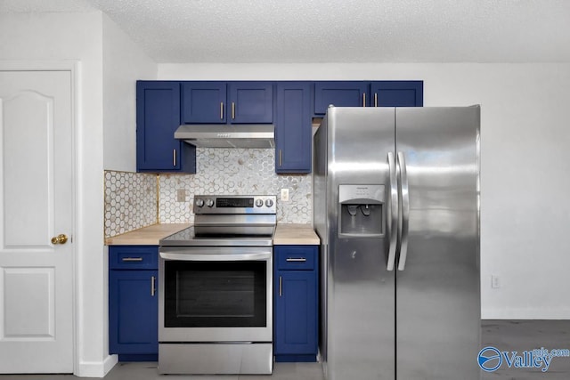 107 Harvest Glen Ln, Harvest, AL 35749 - kitchen featuring under cabinet range hood, light countertops, stainless steel appliances, and blue cabinetry