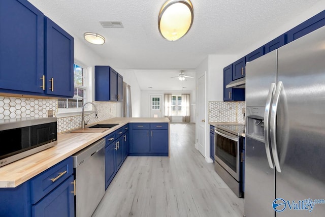 107 Harvest Glen Ln, Harvest, AL 35749 - kitchen with under cabinet range hood, a sink, a peninsula, blue cabinetry, and appliances with stainless steel finishes
