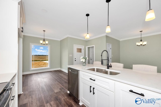 kitchen featuring dark hardwood / wood-style flooring, white cabinetry, a chandelier, sink, and decorative light fixtures