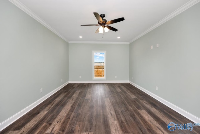 spare room featuring dark wood-type flooring, crown molding, and ceiling fan