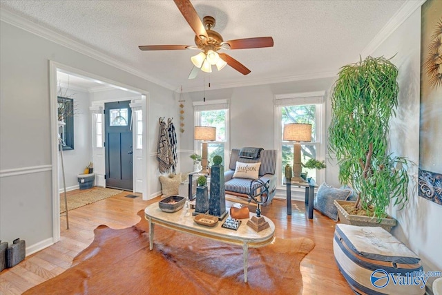 interior space with ceiling fan, crown molding, light wood-type flooring, and a textured ceiling