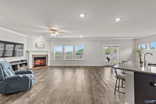 living room featuring ceiling fan, sink, crown molding, wood-type flooring, and a fireplace