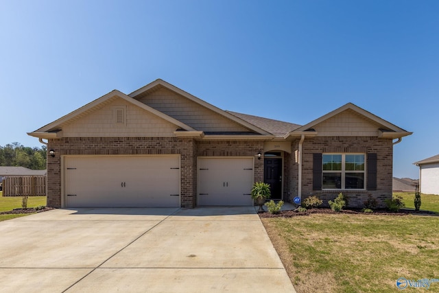 ranch-style house featuring an attached garage, a front lawn, brick siding, and concrete driveway
