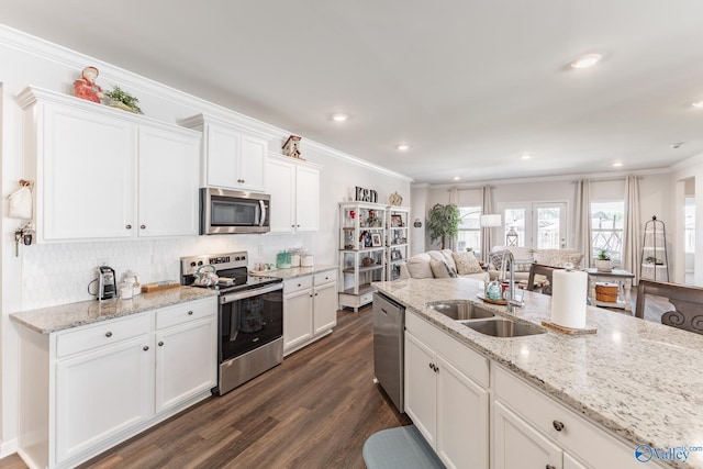 kitchen featuring crown molding, a sink, open floor plan, stainless steel appliances, and dark wood-style flooring