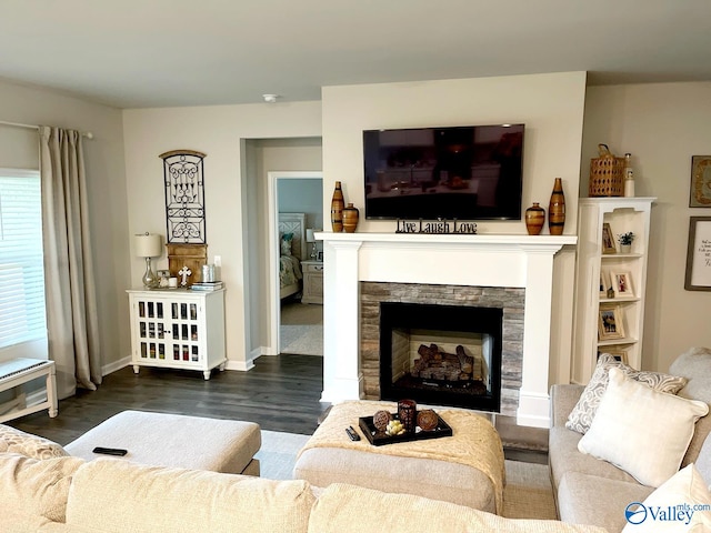 living room with a fireplace and dark hardwood / wood-style flooring