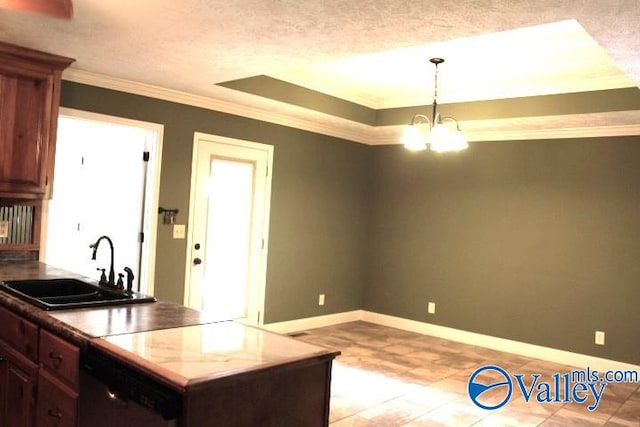 kitchen with black dishwasher, crown molding, an inviting chandelier, decorative light fixtures, and sink