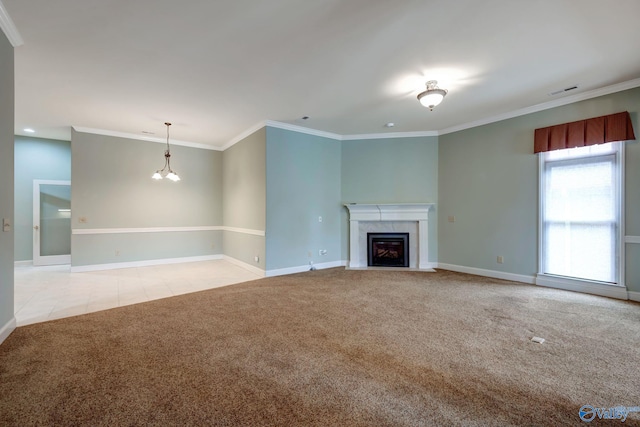 unfurnished living room featuring crown molding, baseboards, a fireplace with flush hearth, and light colored carpet