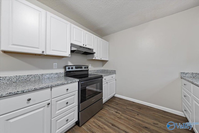 kitchen with white cabinetry, electric range, dark hardwood / wood-style flooring, and a textured ceiling