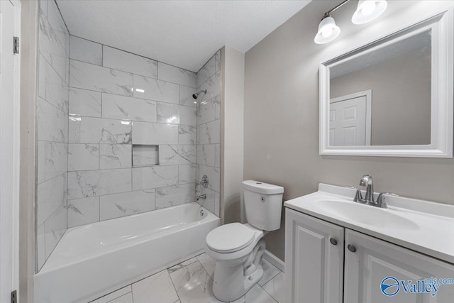 full bathroom with tiled shower / bath, vanity, a textured ceiling, and toilet