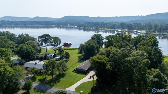 bird's eye view with a water view and a forest view