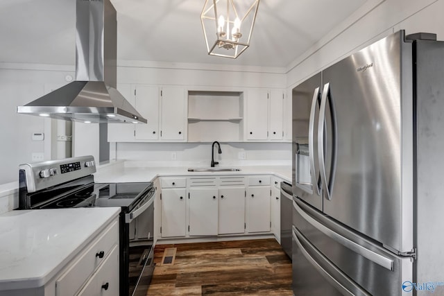 kitchen featuring a sink, dark wood finished floors, appliances with stainless steel finishes, open shelves, and island exhaust hood