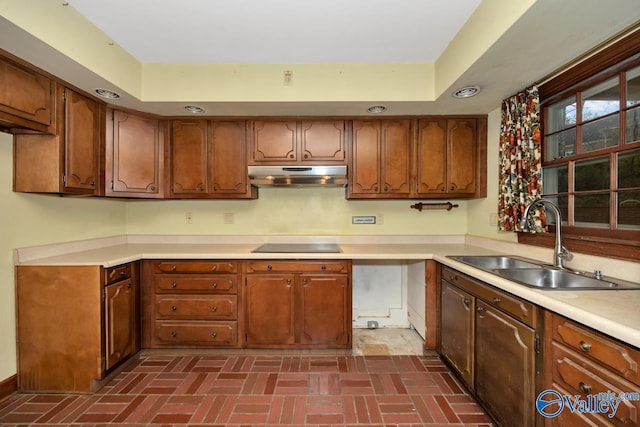 kitchen with a raised ceiling, sink, and black electric stovetop