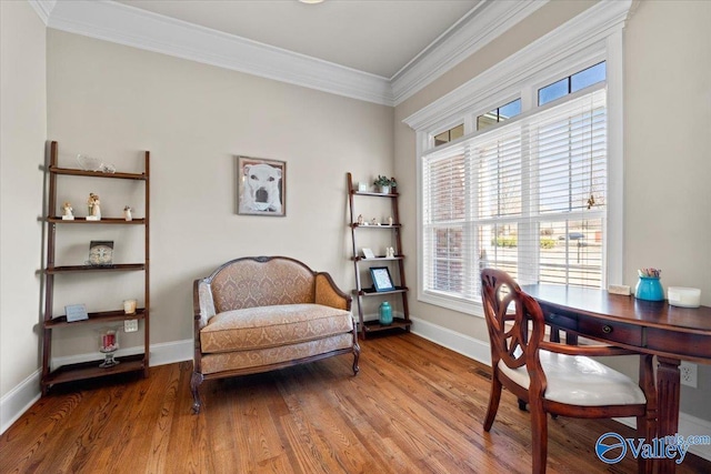 office space featuring baseboards, wood finished floors, and crown molding