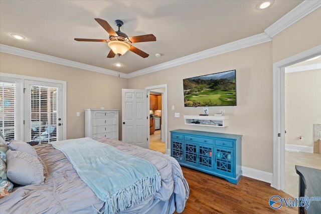 bedroom with baseboards, ornamental molding, and access to exterior