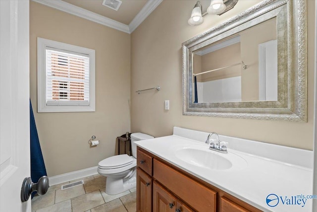 full bathroom with toilet, ornamental molding, vanity, and visible vents