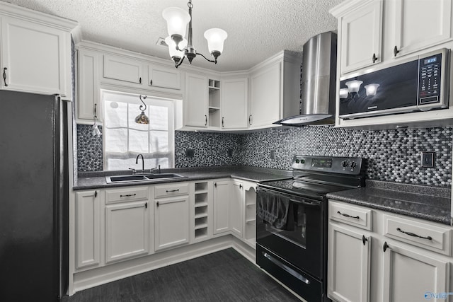 kitchen with white cabinetry, wall chimney exhaust hood, sink, and black appliances