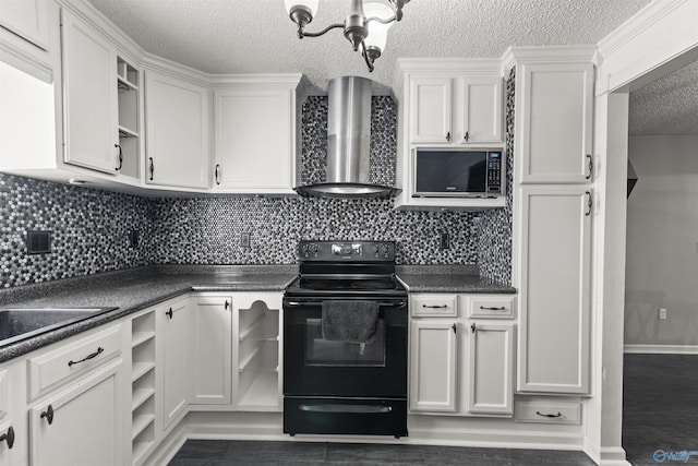 kitchen featuring black electric range oven, white cabinets, decorative backsplash, a textured ceiling, and wall chimney exhaust hood