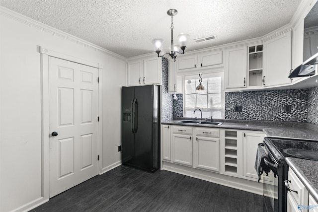 kitchen featuring sink, white cabinets, dark hardwood / wood-style floors, and black appliances