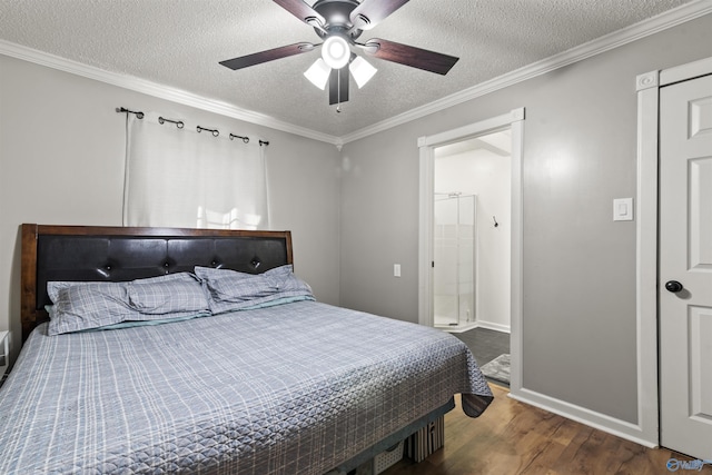 bedroom with crown molding, ensuite bath, ceiling fan, wood-type flooring, and a textured ceiling