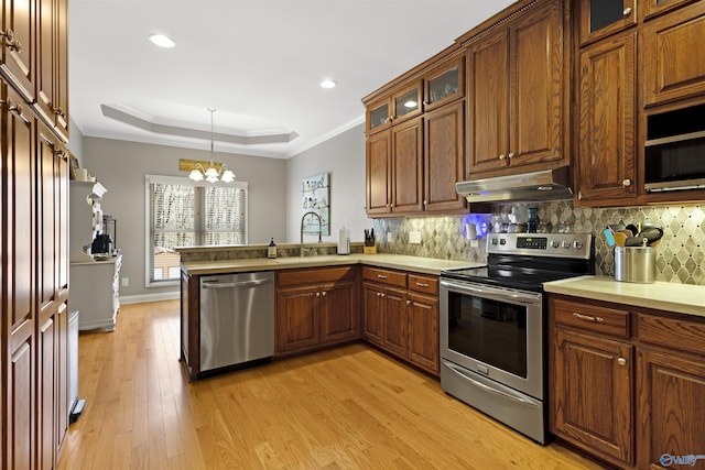 kitchen featuring a peninsula, a tray ceiling, a sink, appliances with stainless steel finishes, and under cabinet range hood