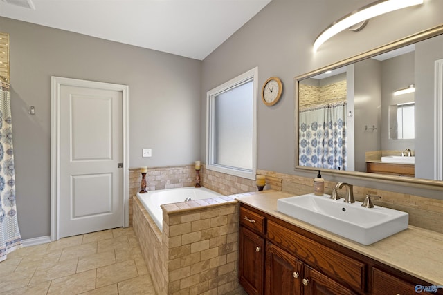 bathroom with a relaxing tiled tub, visible vents, a shower with curtain, and vanity