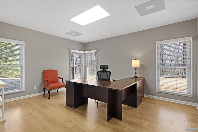 office space featuring light wood-style flooring, baseboards, and a drop ceiling