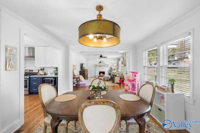 dining space with a warm lit fireplace, a ceiling fan, light wood-style floors, and ornamental molding