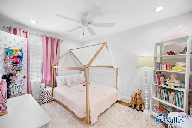 bedroom with recessed lighting, baseboards, ceiling fan, and wood finished floors