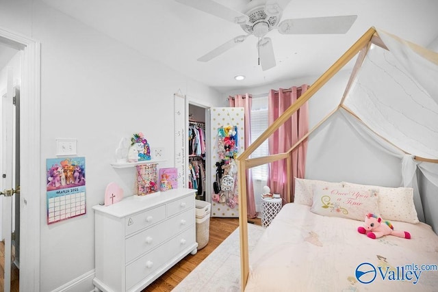 bedroom featuring ceiling fan, a closet, a walk in closet, and wood finished floors