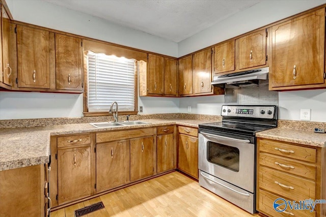 kitchen featuring sink, light hardwood / wood-style flooring, and stainless steel range with electric cooktop