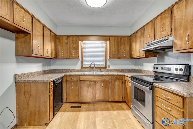 kitchen featuring sink, dishwasher, a textured ceiling, stainless steel electric stove, and light wood-type flooring