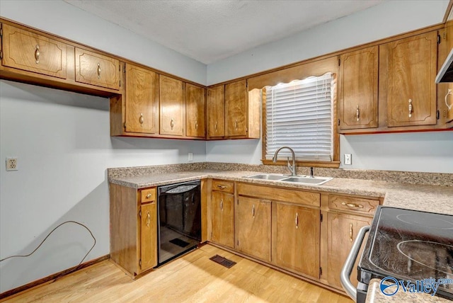 kitchen featuring stainless steel electric stove, black dishwasher, sink, and light wood-type flooring