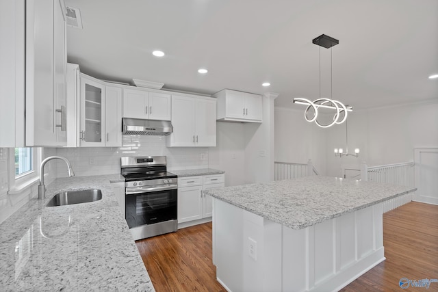 3631 NW Stag Run Dr, Huntsville, AL 35810 - kitchen featuring electric range, under cabinet range hood, a sink, backsplash, and white cabinetry