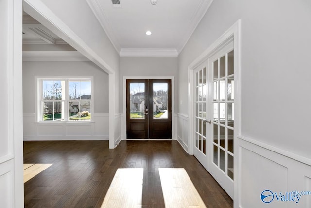 66 Natures Ridge Way, Huntsville, AL 35803 - foyer featuring french doors, wainscoting, ornamental molding, wood finished floors, and a decorative wall