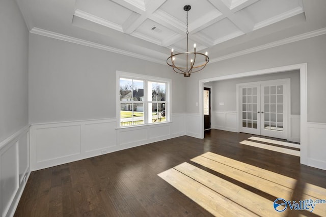 66 Natures Ridge Way, Huntsville, AL 35803 - unfurnished dining area featuring french doors, a chandelier, coffered ceiling, dark wood-style flooring, and beam ceiling