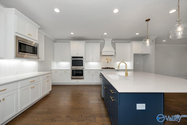 66 Natures Ridge Way, Huntsville, AL 35803 - kitchen with appliances with stainless steel finishes, blue cabinets, premium range hood, white cabinetry, and ornamental molding