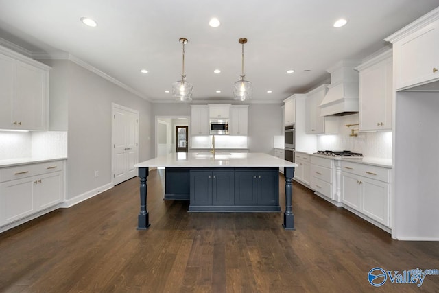 66 Natures Ridge Way, Huntsville, AL 35803 - kitchen with stainless steel appliances, white cabinetry, light countertops, custom exhaust hood, and decorative backsplash