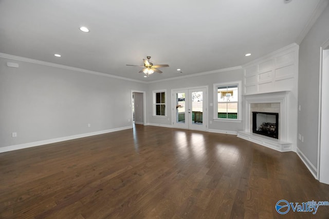 66 Natures Ridge Way, Huntsville, AL 35803 - unfurnished living room with a ceiling fan, ornamental molding, dark wood-type flooring, recessed lighting, and a premium fireplace