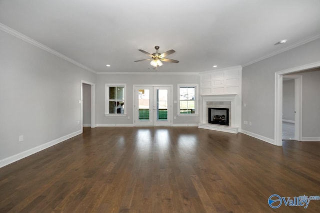 66 Natures Ridge Way, Huntsville, AL 35803 - unfurnished living room featuring a ceiling fan, dark wood finished floors, recessed lighting, crown molding, and a large fireplace