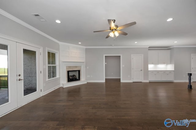 66 Natures Ridge Way, Huntsville, AL 35803 - unfurnished living room with recessed lighting, french doors, a ceiling fan, crown molding, and dark wood finished floors