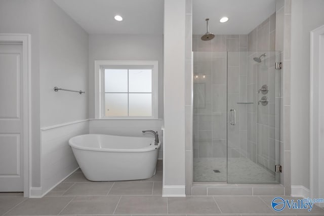 66 Natures Ridge Way, Huntsville, AL 35803 - bathroom featuring a stall shower, a soaking tub, tile patterned flooring, and recessed lighting