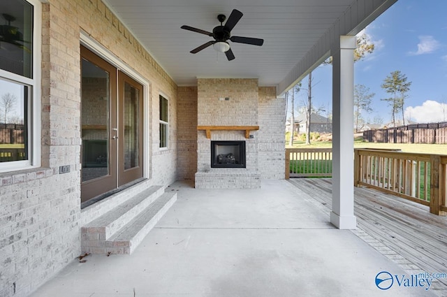 66 Natures Ridge Way, Huntsville, AL 35803 - view of patio / terrace with an outdoor brick fireplace, ceiling fan, and entry steps
